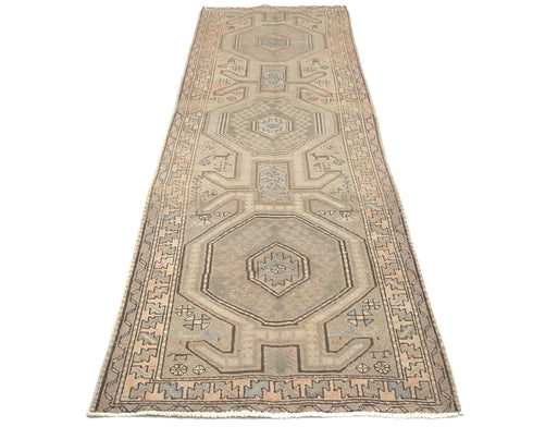 11 Ft Vintage Brown Persian Style Hand Knotted Low Pile Wool Runner Rug